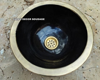 Black Moroccan Sink Washbasin - Brass brushed Rimmed sink - Moroccan Pottery washbasin - Moroccan washbasin.