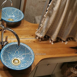 Sky Blue Moroccan Sink Washbasin Wash Basin Ceramic Handmade Hand Painted  - Moroccan ceramic sink - FREE BRASS DRAIN