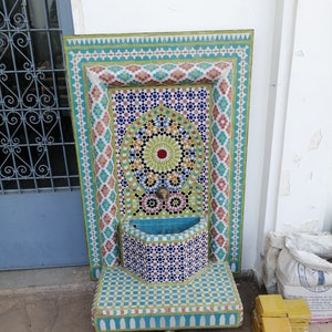 Moroccan Mosaic Fountain, Moroccan Mosaic Tile Fountain, Garden and Indoor Mosaic Fountain, wall water fountain .