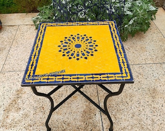 Yellow Blue Moroccan Square Mosaic Table, Handmade Zellige Outdoor Coffee Table, Patio Bistro Decor .