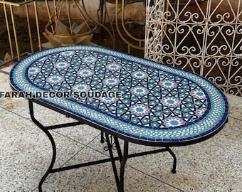 Handmade Moroccan Mosaic Bistro Table | Oval Zellige Wrought Iron, Personalized