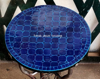 Handmade Moroccan Zellige - Natural Blue Zellige , Handcrafted Round Moroccan Outdoor/ Indoor Mosaic , Mosaic Table , Zellige Blue Tiles .