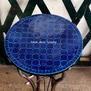 Handmade Moroccan Zellige - Natural Blue Zellige , Handcrafted Round Moroccan Outdoor/ Indoor Mosaic , Mosaic Table , Zellige Blue Tiles .