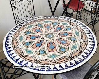 MOROCCAN TABLE, Luxury Furniture, OUTDOOR Coffee Table, Mosaic Resin Top Metal Base Frame Outdoor Traditional Round Table