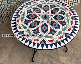 Elegant Custom Moroccan Mosaic Table – Handcrafted Zellij Round Table for Patio & Garden - Vibrant Outdoor Coffee or Side Table
