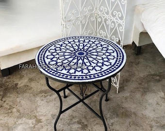 Custom Mosaic Table, Handmade Moroccan Zellige Patio Table, Round Outdoor Garden Bistro Table, Moroccan Tile Coffee Table .