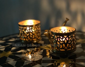 Handmade Brass Moroccan Candle Light Holder - Set of 2  Oriental Brass lantern - handmade round tealight holder