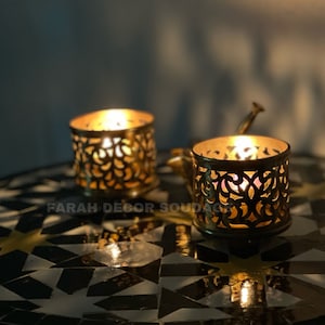 Handmade Brass Moroccan Candle Light Holder - Set of 2  Oriental Brass lantern - handmade round tealight holder