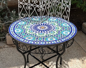 MOROCCAN TABLE, Luxury Furniture, OUTDOOR Coffee Table, Mosaic Resin Top Metal Base Frame Outdoor Traditional Round Table
