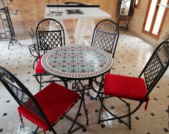 Garden table made of mosaic with 4 Chairs Wrought Iron, Patio set of Mosaic Table, Bistro table made of mosaic, Moroccan Decor .