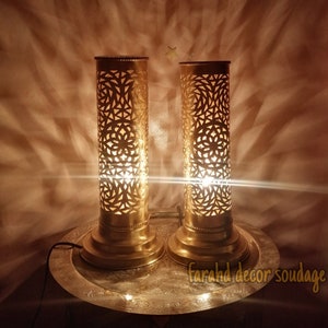 2er Set Marokkanische Messing Tischlampen - Handgemachte Boho Beleuchtung - Messing Nachttisch Licht mit weichem Ambient Glow