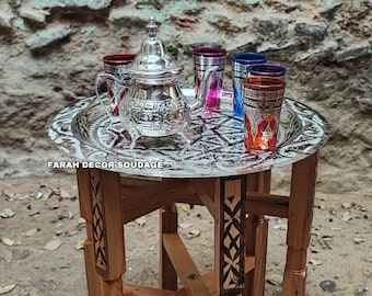 Moroccan Brass Table , Moroccan Style Glass Set, Moroccan Arabesque Carved Engraved Polished Brass Tray Folding Table
