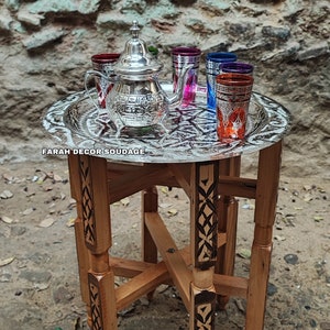 Moroccan Brass Table , Moroccan Style Glass Set, Moroccan Arabesque Carved Engraved Polished Brass Tray Folding Table