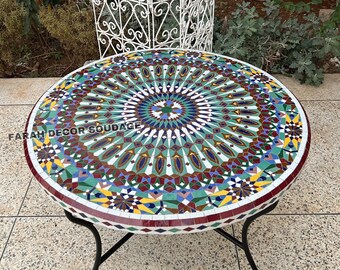 Handmade Mosaic Table A Unique and Colorful | Authentic Moroccan Mosaic Zellige Wrought Iron Bistro Table | Outdoor Moroccan Craft Furniture