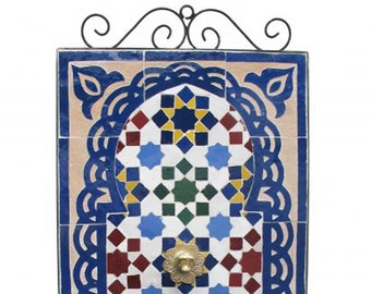 Garden Patio Rustic Outdoor Indoor Wall Water Fountain, Outdoor / Indoor Mid Century Fountain, Moroccan mosaic Artwork, Handmade Fountain