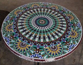 Moroccan Mosaic Table Handmade , Handcrafted Round Moroccan Outdoor/ Indoor Mosaic , Mosaic Table, Multi-Color , Moroccan decor.