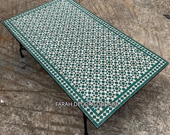 Custom Moroccan Zellige Table, Handmade Green Mosaic Dining Table, Rectangular Patio Furniture for Indoor & Outdoor Living .