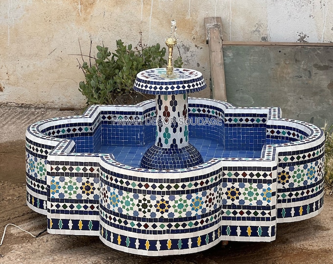 Featured listing image: Round Mosaic Fountain For Garden, Floor Round Mosaic Fountain, Moroccan Water Fountain, Floor fountain Terrace Garden .