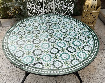 Mosaic Table, Handmade Green Moroccan Zellige Table, Wrought Iron Bistro Outdoor Furniture