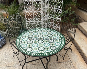Personalized Handmade Moroccan Mosaic Table, Moroccan Wrought Iron Chair, Outdoor Moroccan Mosaic Table