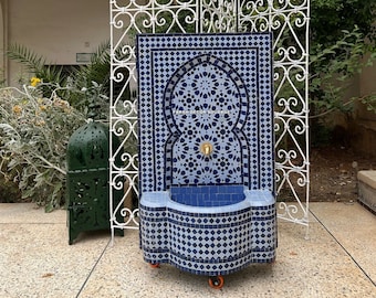 Garden fountain mosaic , Moroccan Mosaic Tile Fountain , Moroccan Mosaic Fountain , Wall mosaic fountain , Garden and Indoor Decor .