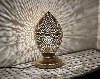 Moroccan Brass Table Lamp – Handmade Night Light with Decorative Lampshade - Moorish Decor .