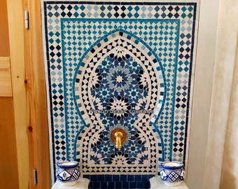 Sky Blue Moroccan Tile Fountain , Moroccan Mosaic Fountain , Wall mosaic fountain , Garden and Indoor fountain , wall water fountain .