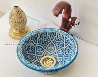 Sky Blue Moroccan Sink Washbasin Wash Basin Ceramic Handmade Hand Painted  - Mid-Century Modern Vanity Sink .