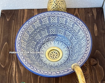 Bathroom Vessel Sink - Moroccan Sink Washbasin Wash Basin Ceramic Handmade Hand Painted - handmadeVessel sink