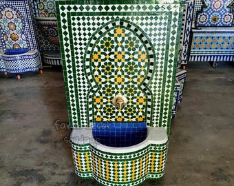 Green Moroccan Tile Fountain, Moroccan Mosaic Fountain, Wall mosaic fountain, Garden and Indoor fountain, wall water