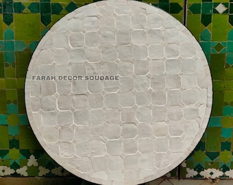 Bistro table made of mosaic - Handmade Moroccan Mosaic Table - All white Tile Color - Round Moroccan garden table .