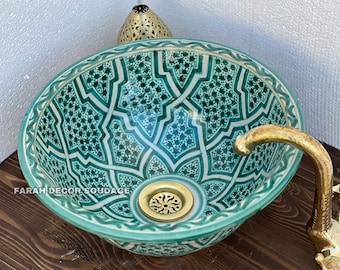Bathroom vessel sink - Green Moroccan Sink Washbasin Wash Basin Ceramic Handmade Hand Painted - handmade Ceramic sink