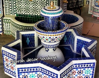 Water Floor Fountain, Moroccan Mosaic Fountain blue, Floor Round Mosaic Fountain, Floor fountain Garden Decor.