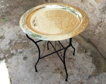 Moroccan Brass Table , Brass Tea table , Moroccan Arabesque Engraved Carved Polished Brass Tray Folding Table , Moroccan decor Wrought Iron