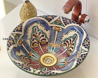 Bathroom Vessel Sink - Moroccan Sink Washbasin Wash Basin Ceramic Handmade Hand Painted -  Moroccan Pottery washbasin