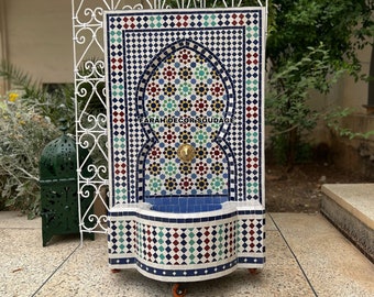 Mosaic Tile Fountain, Moorish Tile Fountain Artwork, Brass plated Fountain, Fountain for Outdoor Indoor, Moroccan Decor Garden .