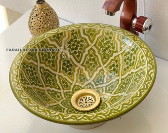 Cinnabar Green Moroccan Sink Washbasin Wash Basin Ceramic Handmade Hand Painted  - Moroccan ceramic sink .