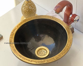 Black Moroccan Sink Washbasin - Brass brushed Rimmed sink - Moroccan Pottery washbasin - handmade sink - Moroccan washbasin.