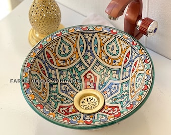 Moroccan Ceramic sink - handmade bathroom vessel sink - Moroccan Pottery washbasin - Ceramic sink - FREE BRASS DRAIN.