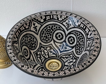 Black and white Sink Washbasin Wash Basin Ceramic Handmade Hand Painted -  Moroccan Pottery washbasin - Ceramic Sink