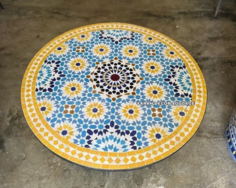 Moroccan  Mosaic Table Handmade , Handcrafted Round Moroccan Outdoor/ Indoor Mosaic , Yellow Mosaic Table