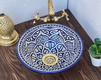 Handcrafted Moroccan Ceramic Vessel Sink - Blue & White Geometric Design - Hand-Painted Bathroom Washbasin .