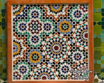 Handmade Moroccan Zellige - Moroccan Mosaic Wall Decor - Zellige Tiles Home Decor - Alhambra Wall Mosaic Art - Wood Frame - Moroccan Decor .