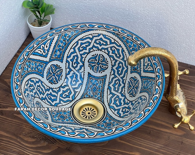 Featured listing image: Hand Painted Moroccan Ceramic Sink, Artisan Washbasin, Round Vessel Basin, Countertop Bathroom Sink .