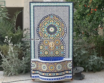 Moroccan Mosaic Fountain, Authentic Moorish Water Fountain, Handmade Moroccan Patio and Fountain Garden Decor .