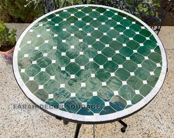 Handmade Moroccan Mosaic Table, Round Moroccan Outdoor/ Indoor Mosaic Table, Green Moroccan Mosaic Bistro Table .