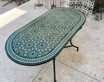 Green Moroccan Mosaic Table – Handmade Oval Zellige Coffee Table for Patio & Garden