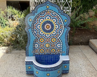 Mosaic Tile Fountain, Moorish Tile Fountain Without wheels, Brass plated Fountain, Fountain for Outdoor Indoor, Moroccan Decor Garden