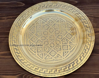 Handmade handcrafted Moroccan brass tray - Moroccan Round Brass Tray - Engraved Solid Brass Tray .