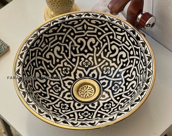 14 Karat Gold Black and white Moroccan Sink Washbasin Wash Basin Ceramic Handmade Hand Painted  - Moroccan ceramic sink
